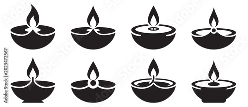 Fotografía Collection of diverse oil lamp icons for festivals and celebrations with black a