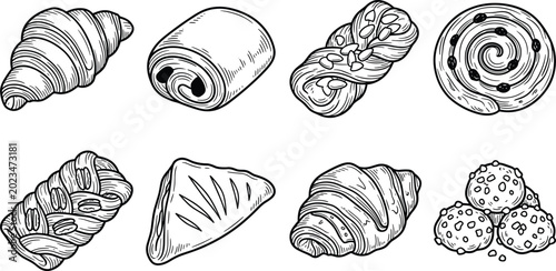 Bild auf Leinwand Hand Drawn Bakery Pastry Vector Set Featuring Croissants, Danish Rolls, Sweet Bu