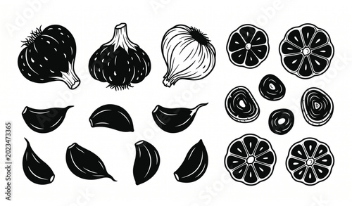 Black Garlic Silhouette Vector Set with Whole Bulbs, Cloves and Slices