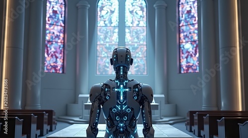 A Futuristic Robot Praying in a Traditional Church Interior.