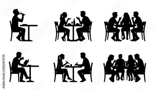 Dining Silhouettes: People at Tables, Restaurant Scenes, Cafe Groups, Social Dining Vector Icons