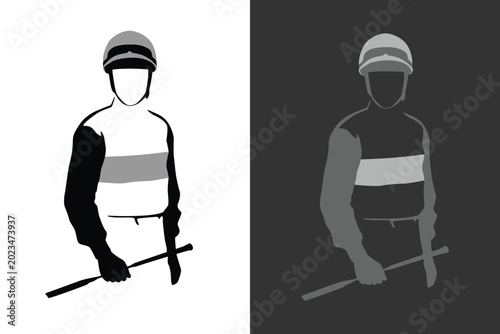 Cuadro en lienzo A detailed silhouette illustration of a professional horse racing jockey wearing a protective helmet and uniform while holding a whip crop, depicted in a sharp graphic art style