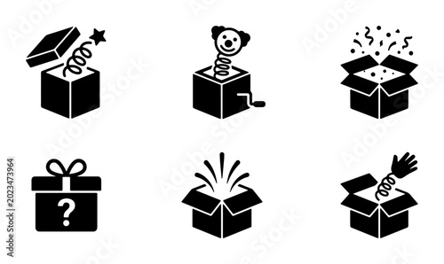Cuadro en lienzo Surprise Box Icons: Jack-in-the-Box, Gift, Confetti, and Mystery Presents Vector
