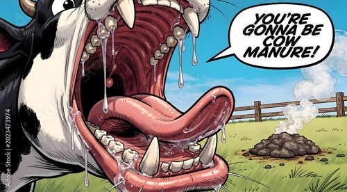Hungry Cartoon Cow Threatens Viewer in Comedic Close-Up