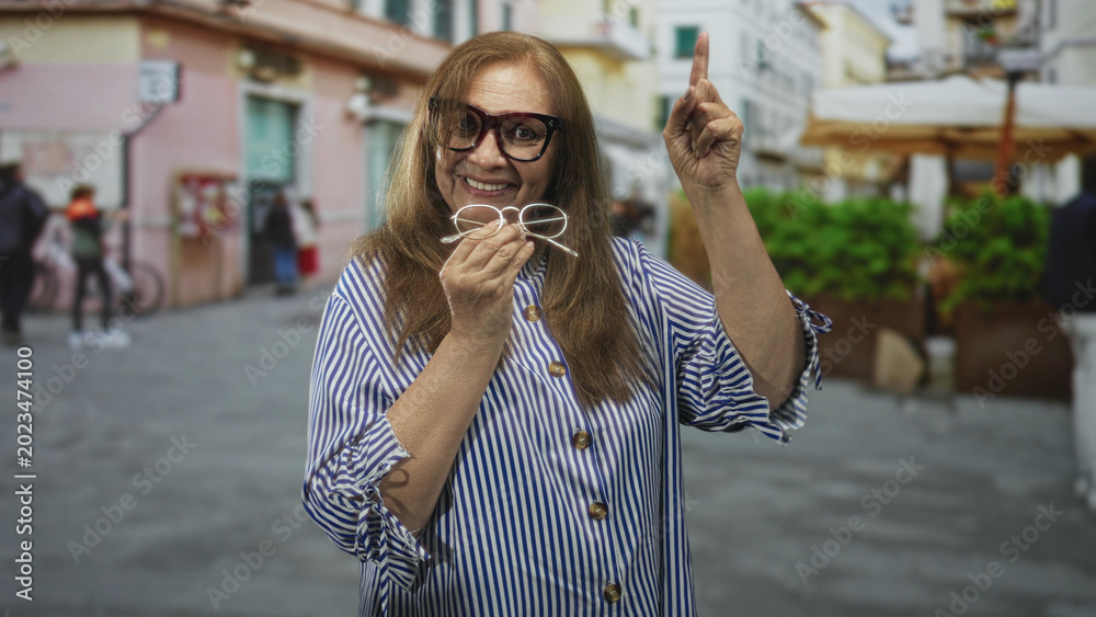 Fototapeta premium Elderly woman smiling, holding glasses and pointing finger up on a pedestrian street by cafe umbrellas and planters near pastel buildings; joyful discovery.