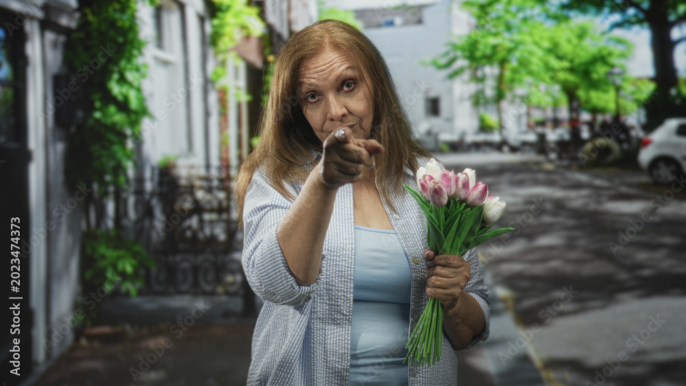 Fototapeta premium Senior hispanic woman holding pink tulips points finger directly at camera on residential street lined with trees and parked cars; assertion determination.