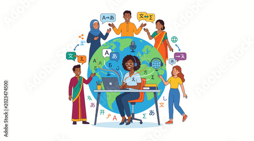 Photos Diverse group of students and teacher engaged in global online learning