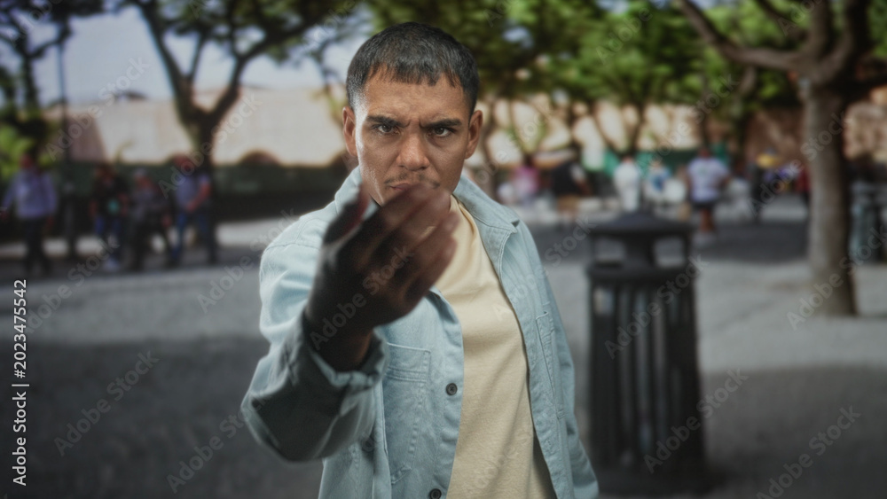 Naklejka premium Man points finger at camera with outstretched hand beside a public trash can on a busy street, wearing light denim jacket and beige shirt; confrontation.
