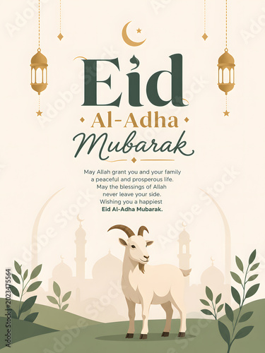 Eid Al-Adha Mubarak Greeting Card Template with Cute Goat, Elegant Typography, Hanging Lanterns, and Mosque Background, Islamic Festival Social Media Post Vector Art