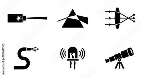 Optics and Light Science Icons: Laser, Prism, Lens, Fiber Optic, LED, Telescope
