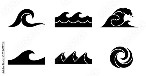 Εκτύπωση καμβά Set of 6 Black Wave Icons, Ocean Water Symbols, Sea Swell Graphics, Marine Eleme