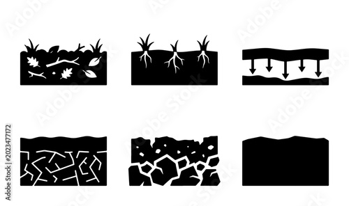 Soil Layers and Cross-Sections Vector Icons: Ground, Earth, Dirt, Texture, Layers, Agriculture, Geology