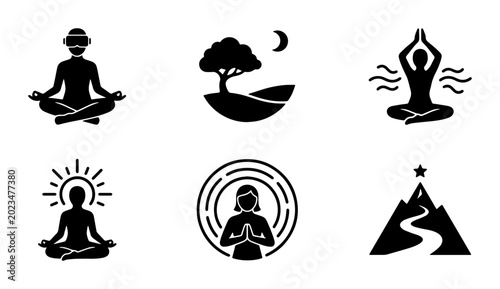 Schilderij op canvas Mindfulness Icons Set, Yoga Poses, Meditation Figures, Serenity Symbols, Spiritu