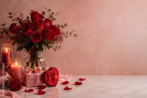 romantic valentine marble table scene with red roses bouquet petals gift boxes soft warm lighting large negative space commercial photography
