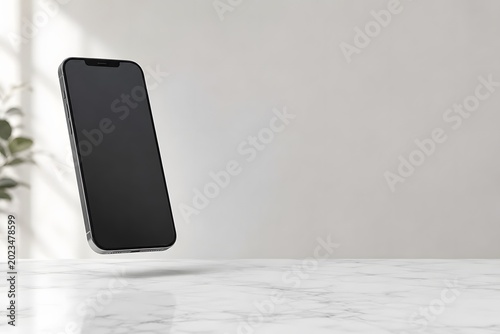 blank smartphone floating above white marble table soft natural daylight large negative space minimalist product photography
