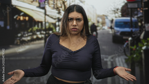 Fotografie Woman shrugs palms up showing cleavage and exposed midriff on a busy street with cafe seating and parked van, mouth open in surprise; confusion doubt