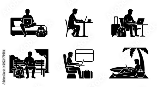 Photos Remote Work Icons Set, Digital Nomad Lifestyle Vector Graphics, Freelancer Work