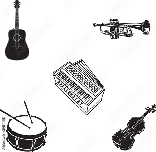 Foto Musical instruments vector icon set including guitar trumpet harmonium drum and
