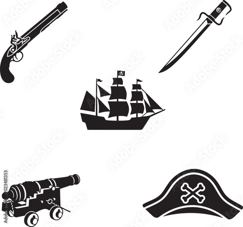 Bild auf Leinwand Pirate vector icon set with sailing ship flintlock pistol cutlass cannon and cap