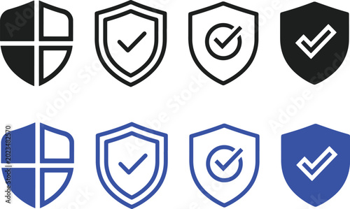 Set of security shield icons, security shields logotypes with check mark and padlock. Security shield symbols. Vector illustration. iocn set vector
