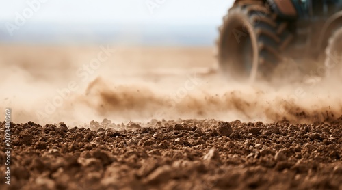 Ground level view of plowed soil with dust and blurred tractor wheel in background