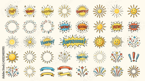 Εκτύπωση καμβά A colorful illustration of various cartoon sunbursts and celebratory graphics on