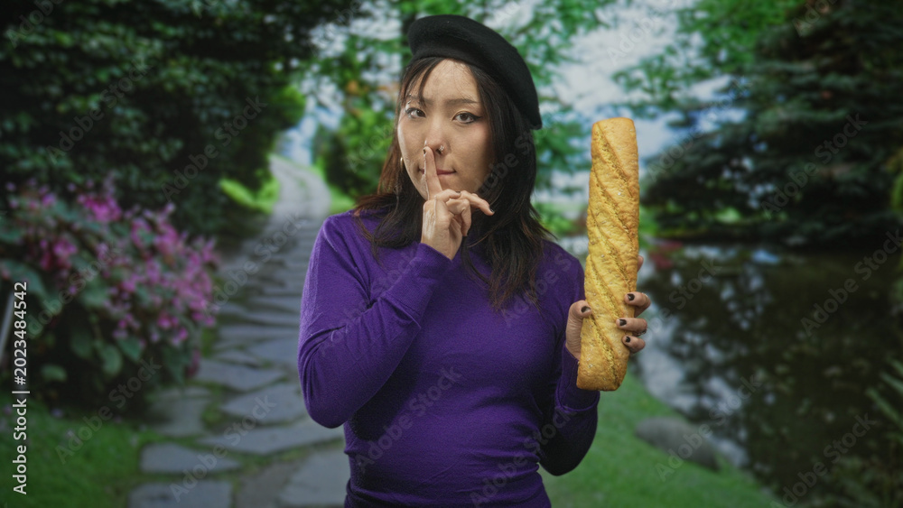 Fototapeta premium Woman holding a baguette with finger to lips shushing on a forest path beside a pond and flowers; mischief secrecy.