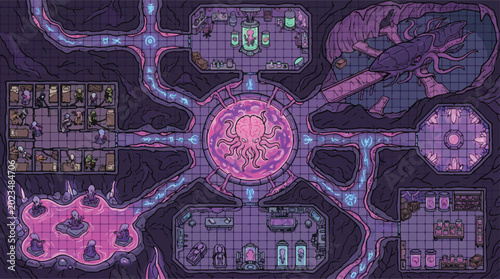 Fotografía Fantasy battle map of a dark eldritch dungeon, purple alien lair floor plan for