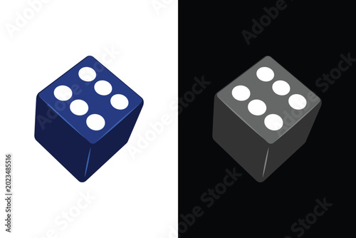 A isometric three dimensional rendering of a single gaming cube dice showing the number six with white dots, presented in blue on a white background and grey on a black background.