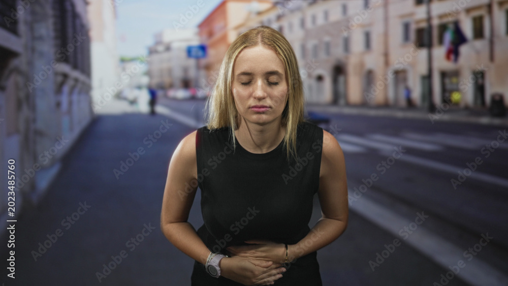 Fototapeta premium Woman clutching stomach, eyes closed, stomachache on street with blurred city buildings; nausea urgency.