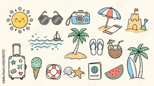 Foto A colorful illustration of various beach vacation icons and symbols on a white b