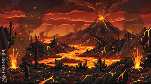 Foto Volcanic landscape with erupting volcano and lava rivers, hellish underworld bac
