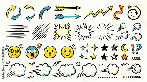 Konstfotografi A colorful collection of cartoon-style emoticon and emoji illustrations with various expressions and symbols