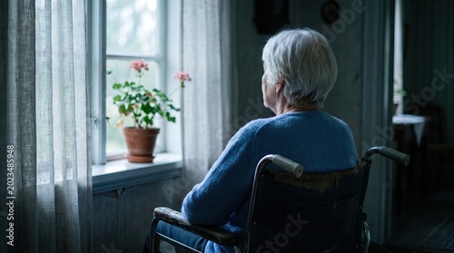 An elderly person in a wheelchair gazes thoughtfully out a window, with a potted plant on the windowsill and soft light filtering through curtains.