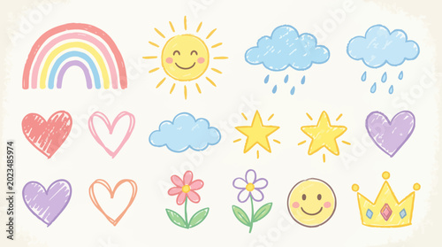 Schilderij op canvas A colorful illustration of various cute cartoon symbols and emojis on a white ba