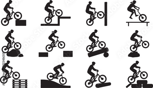 Bild auf Leinwand Set of black silhouettes showing people riding mountain bikes and performing var