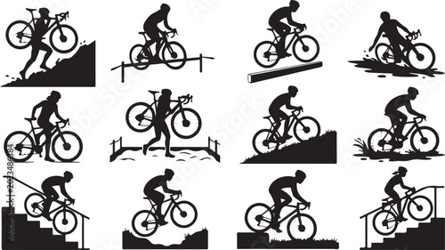 Bild auf Leinwand Set of black silhouettes of cyclists riding and carrying mountain bikes on vario