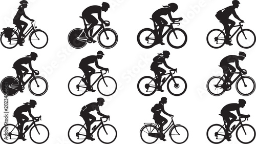 Bild auf Leinwand Set of black silhouettes of people riding different road racing and commuter bic