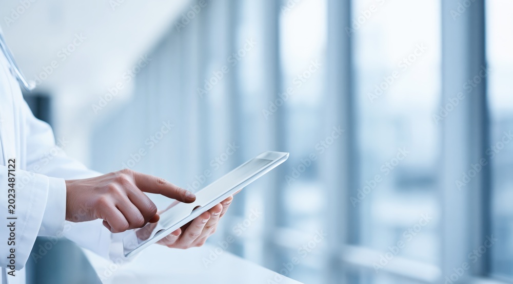 Fototapeta premium Close up of medical professional using digital tablet in modern hospital
