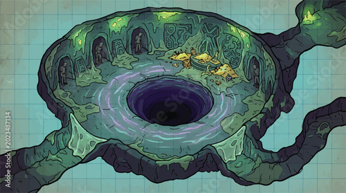Fantasy dungeon battle map vector, hand-drawn underground cavern with bottomless pit, tabletop rpg game environment with glowing green slime and treasure