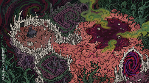 Quadro su tela Dark fantasy underworld map vector, hellish landscape with bone throne and blood