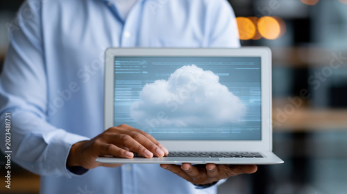 Close-up of a cybersecurity expert's hands secure holding a laptop with cloud security system protection visualization, cloud security concept, hands and laptop photography,