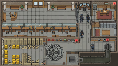 Fotografía Pixel art bank interior with vault and security guards, retro 2D game map of fin