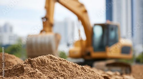 Pile of sand on construction site with blurred yellow excavator in background