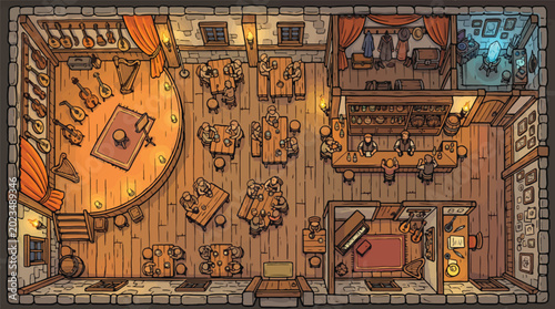 Fotografía Medieval fantasy tavern interior map, top-down view of a rustic inn with stage a