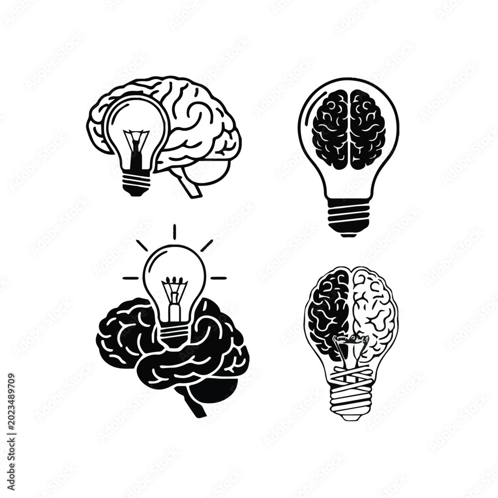 Fototapeta premium Brain and lightbulb illustrations representing creativity and innovation