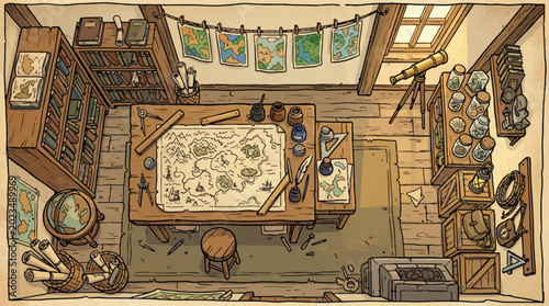 Fotografía Vintage cartographer study room with antique maps, hand-drawn explorer office in