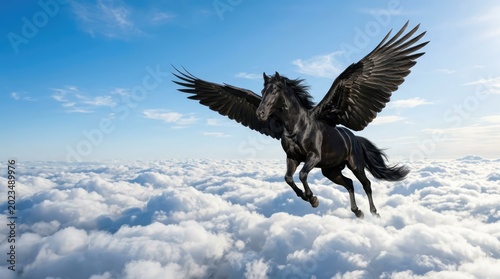 Majestic Black Winged Horse Flying Above Bright Clouds in Blue Sky