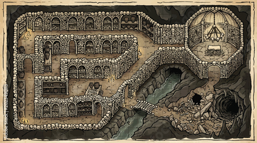 Schilderij op canvas Vintage fantasy dungeon map, hand-drawn underground catacombs with skull walls,