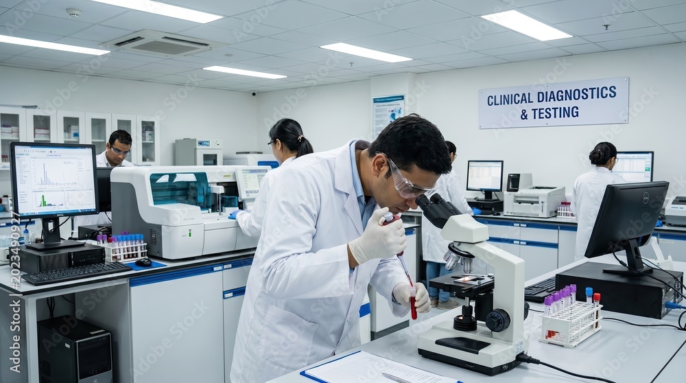 Fototapeta premium Scientists in a clinical diagnostics lab conducting tests using microscopes and advanced laboratory equipment.
